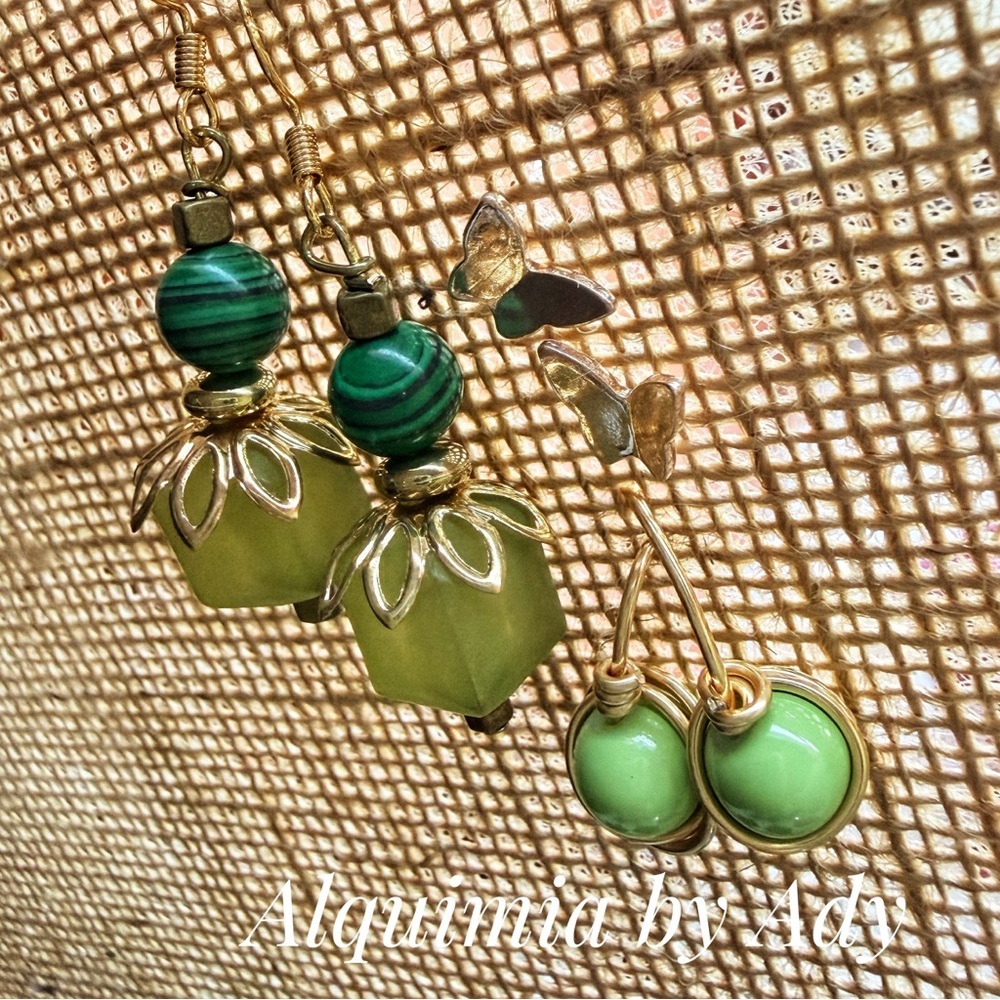 Green & Gold Gemstone Earrings  Malachite Petal Drops | Butterfly Charm Handmade